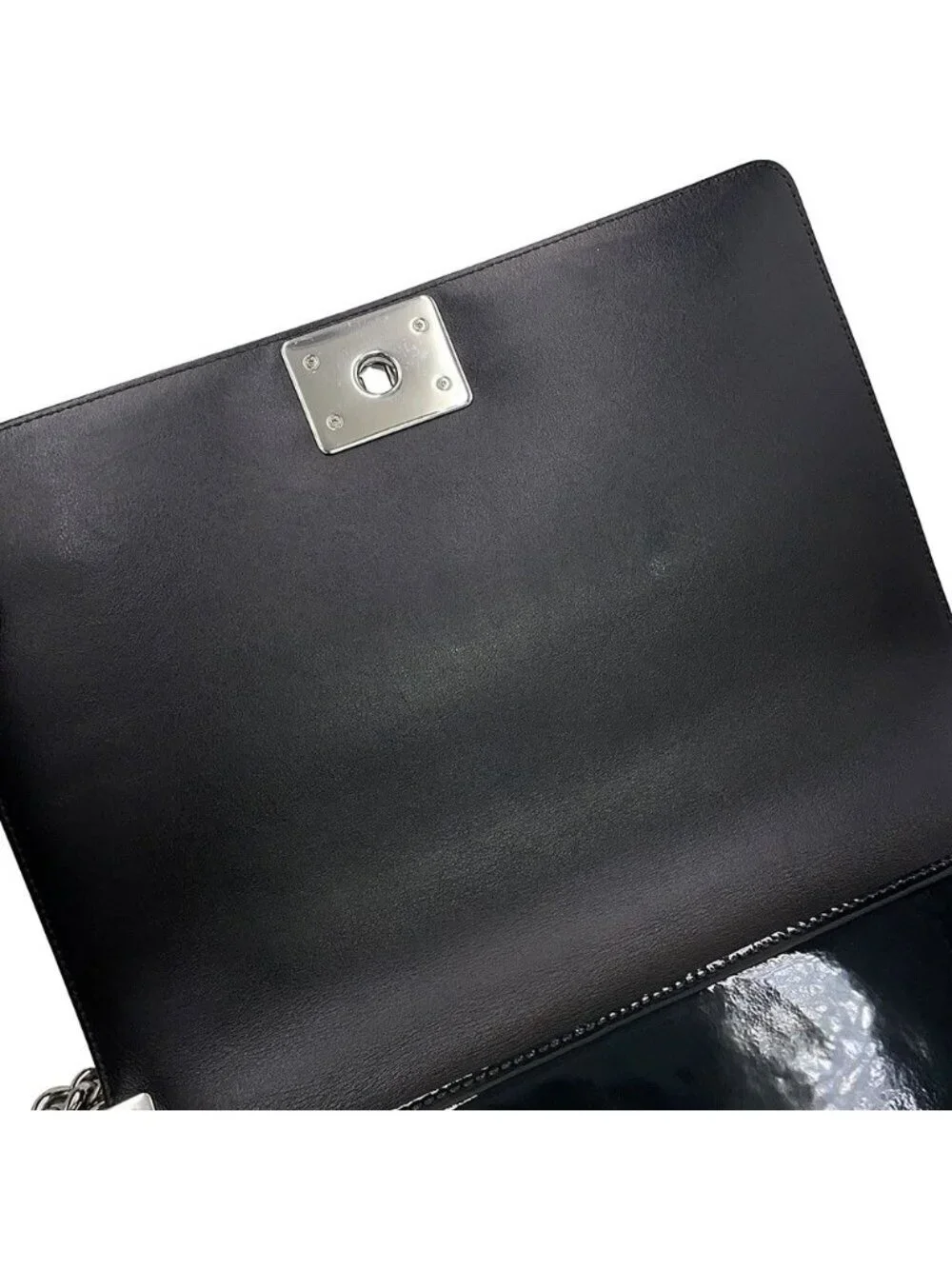 Chanel Chain Shoulder Bag Boy Large Quilted CC Logo Patent Black